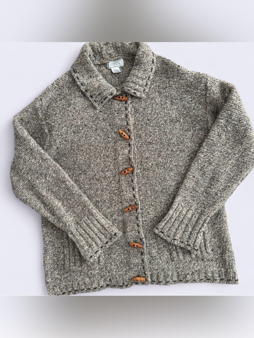 Jennifer Moore Wool Blend Collard Button Down Earthy Gray/Brown Cardigan Sweater